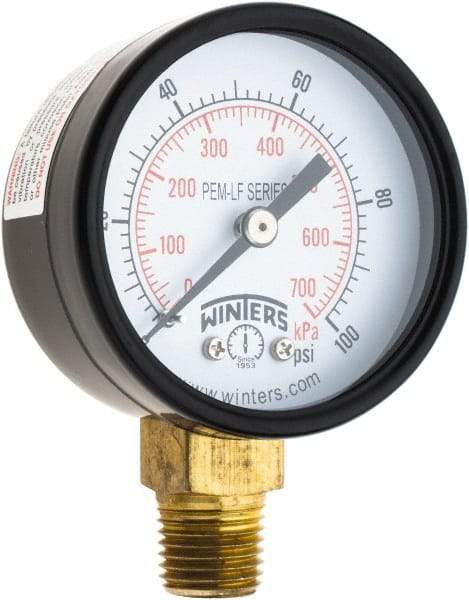Winters - 2" Dial, 1/4 Thread, 0-100 Scale Range, Pressure Gauge - Lower Connection Mount, Accurate to 3-2-3% of Scale - Exact Industrial Supply