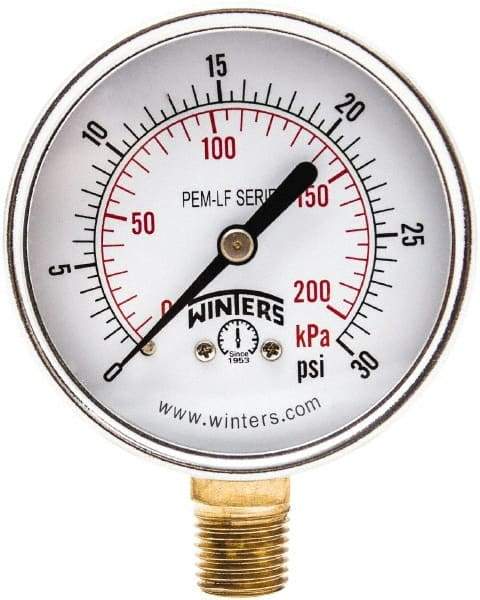 Winters - 2-1/2" Dial, 1/4 Thread, 0-30 Scale Range, Pressure Gauge - Lower Connection Mount, Accurate to 3-2-3% of Scale - Exact Industrial Supply