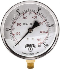 Winters - 4" Dial, 1/4 Thread, 0-100 Scale Range, Pressure Gauge - Lower Connection Mount, Accurate to 3-2-3% of Scale - Exact Industrial Supply