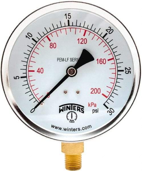 Winters - 4" Dial, 1/4 Thread, 0-30 Scale Range, Pressure Gauge - Lower Connection Mount, Accurate to 3-2-3% of Scale - Exact Industrial Supply