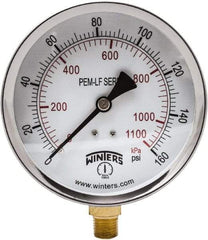 Winters - 4" Dial, 1/4 Thread, 0-160 Scale Range, Pressure Gauge - Lower Connection Mount, Accurate to 3-2-3% of Scale - Exact Industrial Supply