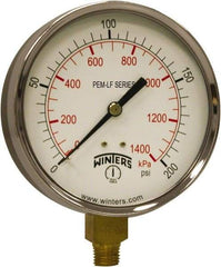 Winters - 4" Dial, 1/4 Thread, 0-200 Scale Range, Pressure Gauge - Lower Connection Mount, Accurate to 3-2-3% of Scale - Exact Industrial Supply