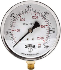 Winters - 4" Dial, 1/4 Thread, 0-300 Scale Range, Pressure Gauge - Lower Connection Mount, Accurate to 3-2-3% of Scale - Exact Industrial Supply