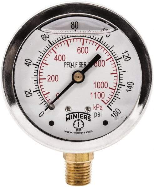Winters - 2-1/2" Dial, 1/4 Thread, 0-160 Scale Range, Pressure Gauge - Lower Connection Mount, Accurate to 1.5% of Scale - Exact Industrial Supply