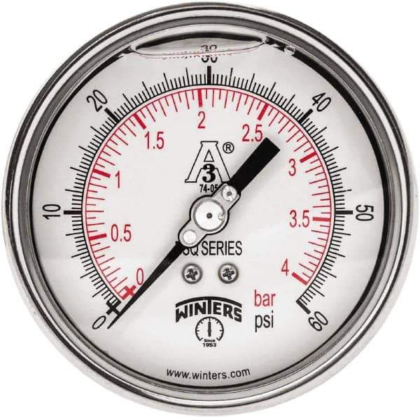 Winters - 4" Dial, 1-1/2 Thread, 0-60 Scale Range, Pressure Gauge - Center Back Connection Mount, Accurate to 0.01% of Scale - Exact Industrial Supply