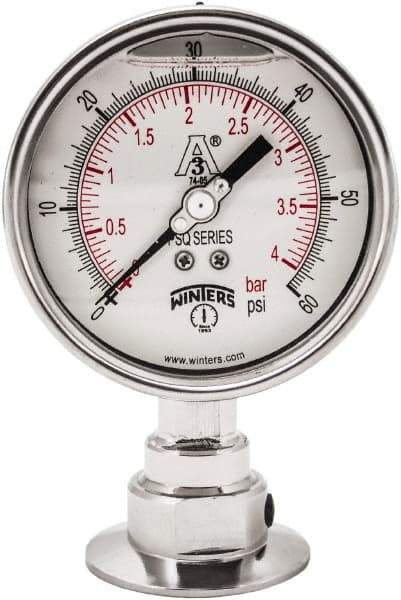 Winters - 4" Dial, 2 Thread, 0-60 Scale Range, Pressure Gauge - Lower Connection Mount, Accurate to 0.01% of Scale - Exact Industrial Supply