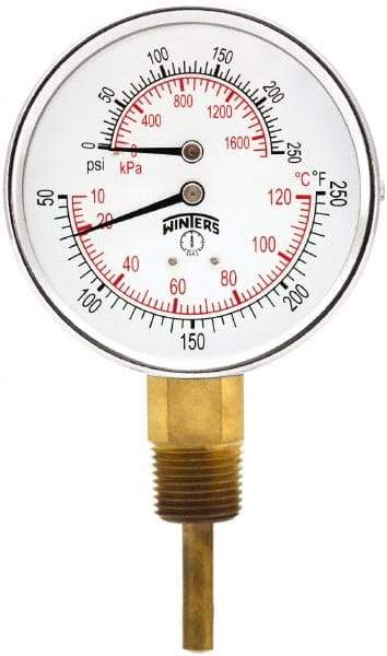 Winters - 3" Dial, 1/2 Thread, 0-250 Scale Range, Pressure Gauge - Lower Connection Mount, Accurate to 0.03% of Scale - Exact Industrial Supply