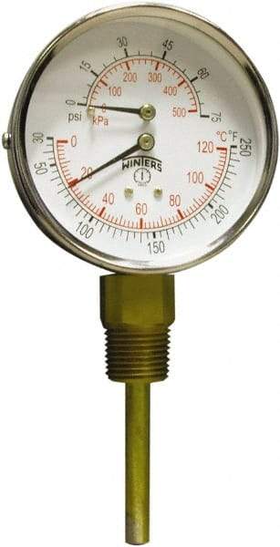 Winters - 3" Dial, 1/2 Thread, 0-75 Scale Range, Pressure Gauge - Lower Connection Mount, Accurate to 0.03% of Scale - Exact Industrial Supply