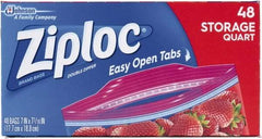 Ziploc - 48 Piece, 1 Quart Capacity, 9.6 Inch Wide x 8-1/2 Inch High, Ziploc Storage Bag - 9 Pack, 1.75 mil Thick, Plastic - Exact Industrial Supply
