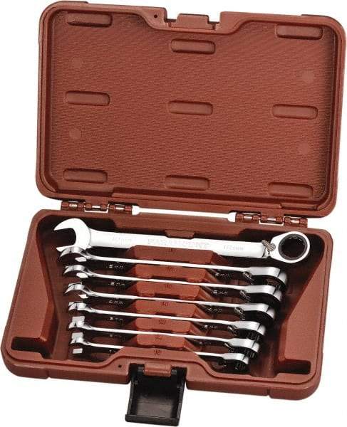 Paramount - 7 Piece, 10mm to 18mm, 12 Point Reversible Ratcheting Combination Wrench Set - Metric Measurement Standard, Full Polish Chrome Finish, Comes in Blow Molded Case - Exact Industrial Supply