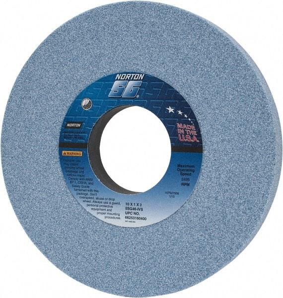 Norton - 10" Diam x 3" Hole x 1" Thick, I Hardness, 46 Grit Surface Grinding Wheel - Ceramic, Type 1, Coarse Grade, 2,485 Max RPM, Vitrified Bond, No Recess - Exact Industrial Supply