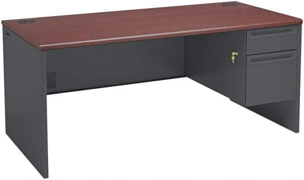 Hon - Steel-Reinforced High-Pressure Laminate/Metal Right Pedestal Desk - 66" Wide x 30" Deep x 29" High, Mahogany/Charcoal - Exact Industrial Supply