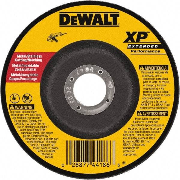 DeWALT - 24 Grit, 9" Wheel Diam, 3/32" Wheel Thickness, 7/8" Arbor Hole, Type 27 Depressed Center Wheel - Zirconia Alumina, Resinoid Bond, 6,600 Max RPM - Exact Industrial Supply