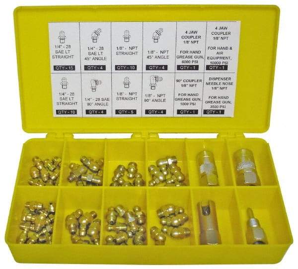 PRO-LUBE - 60 Piece, Inch, Box Plastic Steel Grease Fitting Set - Includes PTF, UNF Thread Types, Includes 1/4-28 SAE-LT: (25) Straight, (4) 45°, (4) 90°, 1/8-27 PTF: (15) Straight, (4) 45°, (4) 90° - Exact Industrial Supply