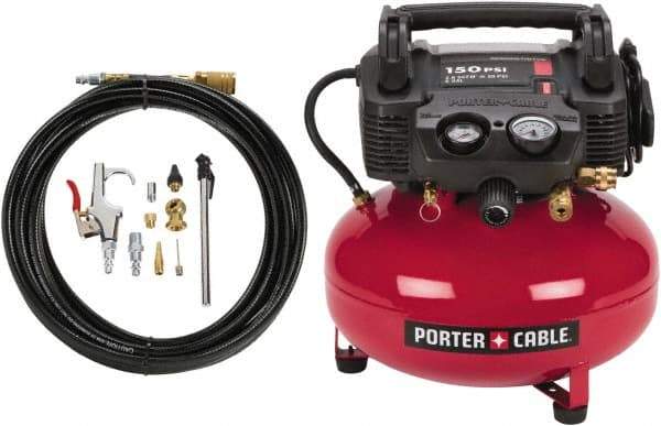 Porter-Cable - 0.8 hp, 2.6 CFM Hand Carry Pancake Compressor - 6 Gallon Tank, 10 Amp, 150 Max psi, 120V - Exact Industrial Supply