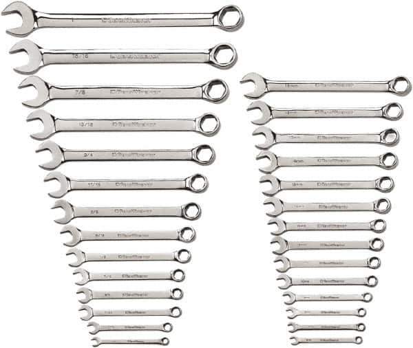 GearWrench - 28 Piece, 1/4" to 1" (6mm to 19mm), 6 Point Combination Wrench Set - Inch/Metric Measurement Standard, Chrome Finish - Exact Industrial Supply