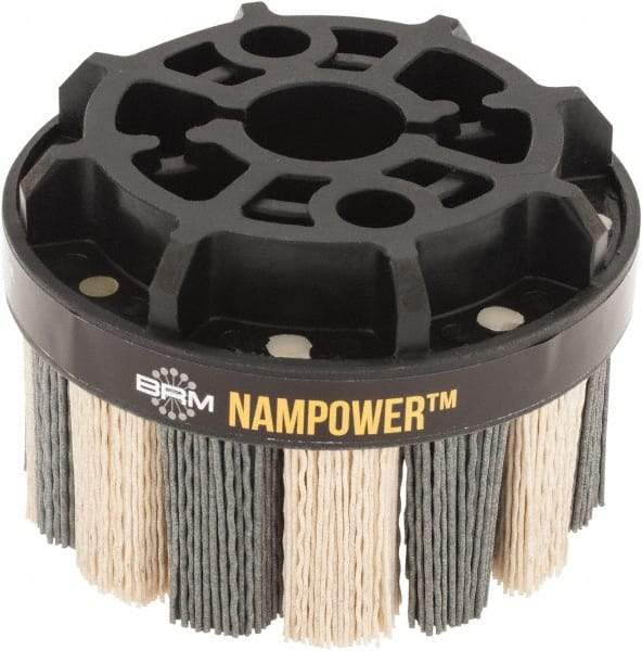 Brush Research Mfg. - 4" 180 Grit Ceramic/Silicon Carbide Tapered Disc Brush - Medium Fine Grade, CNC Adapter Connector, 1.38" Trim Length, 7/8" Arbor Hole - Exact Industrial Supply