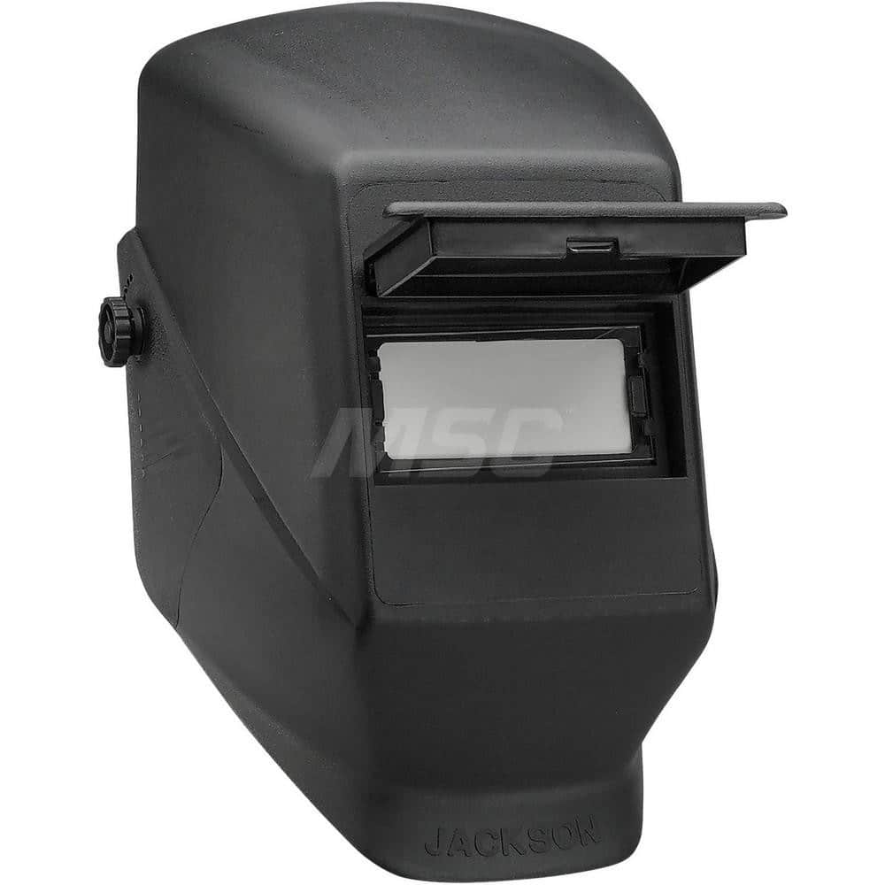 Welding Helmet: Black, Thermoplastic, Shade 10, Ratchet Adjustment Black, Thermoplastic, 4-1/4″ Window Width x 2″ Window Height, 0.06″ Window Thickness, Lift Front, Green Lens