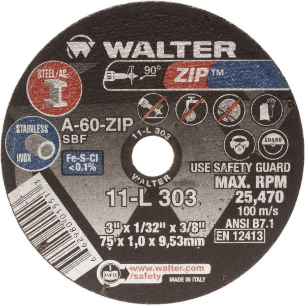WALTER Surface Technologies - 3" Aluminum Oxide Cutoff Wheel - 1/32" Thick, 3/8" Arbor, 25,470 Max RPM, Use with Die Grinders - Exact Industrial Supply