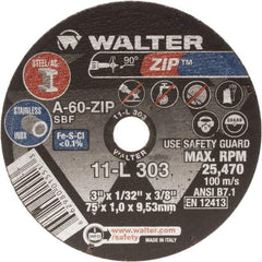 WALTER Surface Technologies - 3" Aluminum Oxide Cutoff Wheel - 1/16" Thick, 3/8" Arbor, 25,470 Max RPM, Use with Die Grinders - Exact Industrial Supply