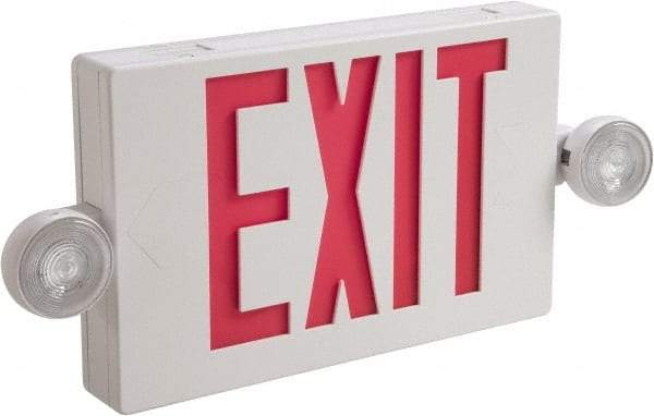 Cooper Lighting - 1 and 2 Face, 2 Head, 120-277 Volt, Thermoplastic, LED Combination Exit Sign - 2-5/16 Inch Wide x 8-1/4 Inch High x 16-9/16 Inch Long, Ceiling, End and Wall Mount, Sealed Nickel Cadmium Battery - Exact Industrial Supply