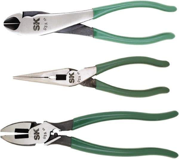 SK - 3 Piece Long Nose, Diagonal & Lineman's Plier Set - Comes in Plastic Pouch - Exact Industrial Supply