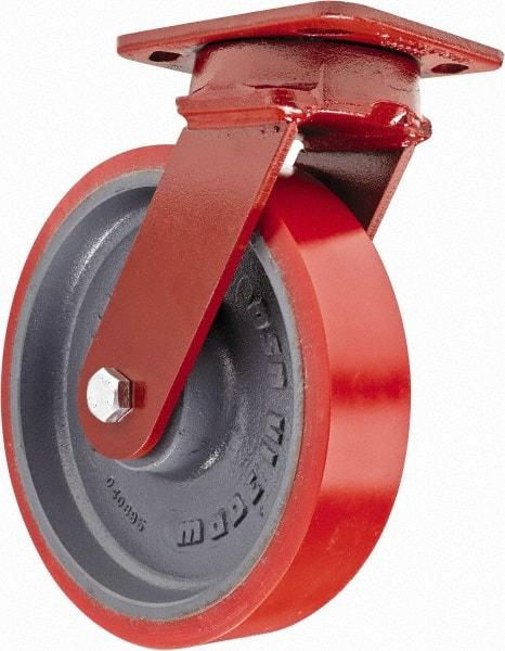 Hamilton - 8" Diam x 2" Wide x 9-1/2" OAH Top Plate Mount Swivel Caster with Brake - Polyurethane, 1,800 Lb Capacity, Sealed Precision Ball Bearing, 4 x 5" Plate - Exact Industrial Supply
