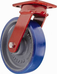 Hamilton - 8" Diam x 2" Wide x 9-1/2" OAH Top Plate Mount Swivel Caster with Brake - Polyurethane, 1,200 Lb Capacity, Sealed Precision Ball Bearing, 4 x 5" Plate - Exact Industrial Supply