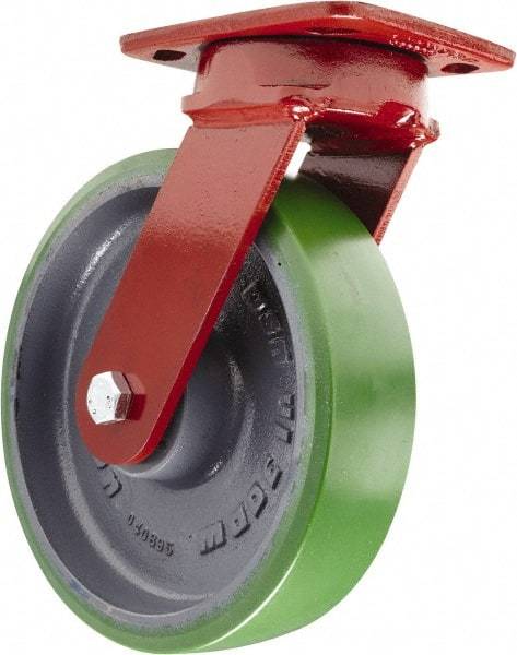 Hamilton - 8" Diam x 2" Wide x 9-1/2" OAH Top Plate Mount Swivel Caster with Brake - Polyurethane, 1,500 Lb Capacity, Sealed Precision Ball Bearing, 4 x 5" Plate - Exact Industrial Supply