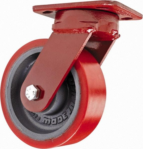 Hamilton - 6" Diam x 2" Wide x 7-1/2" OAH Top Plate Mount Swivel Caster with Brake - Polyurethane, 1,400 Lb Capacity, Sealed Precision Ball Bearing, 4 x 5" Plate - Exact Industrial Supply