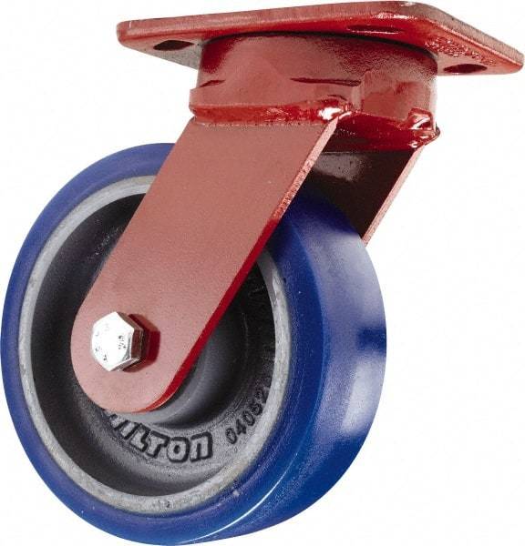 Hamilton - 6" Diam x 2" Wide x 7-1/2" OAH Top Plate Mount Swivel Caster with Brake - Polyurethane, 960 Lb Capacity, Sealed Precision Ball Bearing, 4 x 5" Plate - Exact Industrial Supply