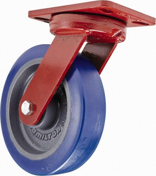 Hamilton - 8" Diam x 2" Wide x 9-3/4" OAH Top Plate Mount Swivel Caster - Polyurethane, 1,200 Lb Capacity, Sealed Precision Ball Bearing, 4-1/2 x 6-1/2" Plate - Exact Industrial Supply