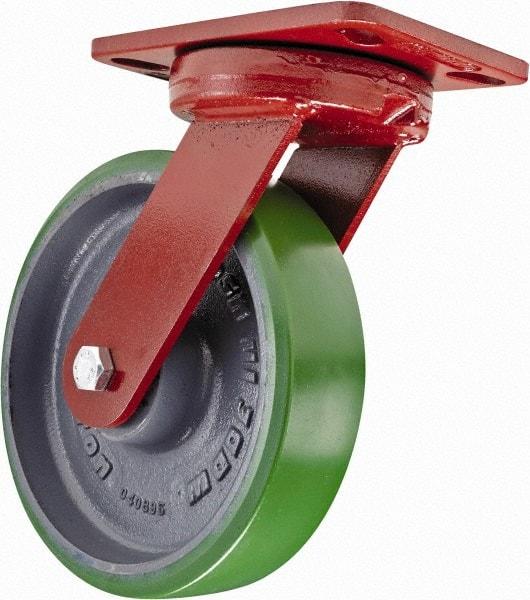 Hamilton - 8" Diam x 2" Wide x 9-3/4" OAH Top Plate Mount Swivel Caster with Brake - Polyurethane, 1,500 Lb Capacity, Sealed Precision Ball Bearing, 4-1/2 x 6-1/2" Plate - Exact Industrial Supply