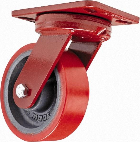 Hamilton - 6" Diam x 2" Wide x 7-3/4" OAH Top Plate Mount Swivel Caster with Brake - Polyurethane, 1,400 Lb Capacity, Sealed Precision Ball Bearing, 4-1/2 x 6-1/2" Plate - Exact Industrial Supply