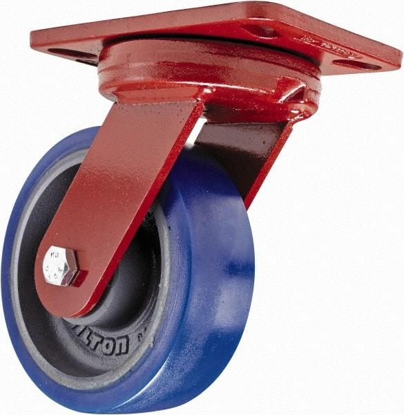 Hamilton - 6" Diam x 2" Wide x 7-3/4" OAH Top Plate Mount Swivel Caster with Brake - Polyurethane, 960 Lb Capacity, Sealed Precision Ball Bearing, 4-1/2 x 6-1/2" Plate - Exact Industrial Supply