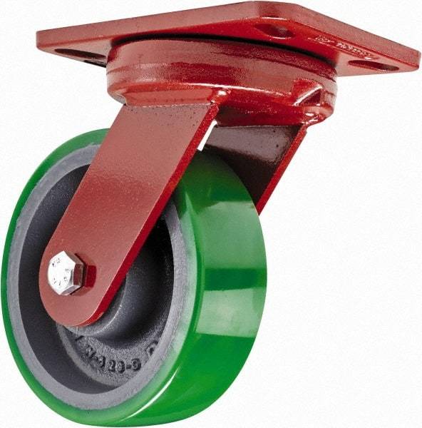 Hamilton - 6" Diam x 2" Wide x 7-3/4" OAH Top Plate Mount Swivel Caster with Brake - Polyurethane, 1,200 Lb Capacity, Sealed Precision Ball Bearing, 4-1/2 x 6-1/2" Plate - Exact Industrial Supply