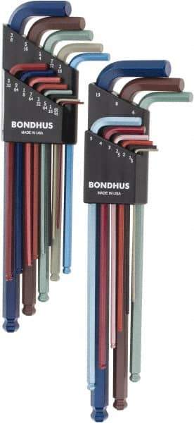 Bondhus - 22 Piece L-Key Ball End Hex Key Set - Hex Range 0.05 to 3/8", 8.4" OAL - Exact Industrial Supply