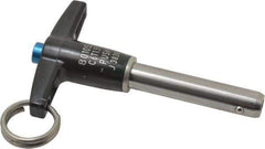 Jergens - 3/8" Diam, 1-1/2" Usable Length, T Handle, Push Button Quick Release Pin - 3-3/8" Overall Length, Grade 17-4 Stainless Steel, Passivated Finish - Exact Industrial Supply