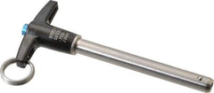 Jergens - 3/8" Diam, 3" Usable Length, T Handle, Push Button Quick Release Pin - 4-7/8" Overall Length, Grade 17-4 Stainless Steel, Passivated Finish - Exact Industrial Supply