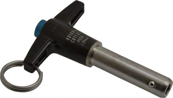 Jergens - 1/2" Diam, 1-1/2" Usable Length, T Handle, Push Button Quick Release Pin - 3-5/8" Overall Length, Grade 17-4 Stainless Steel, Passivated Finish - Exact Industrial Supply