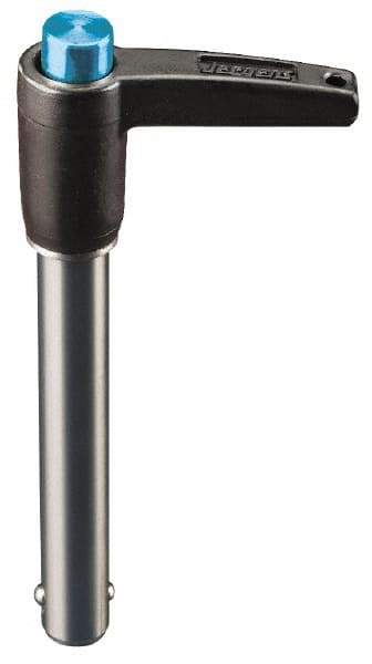 Jergens - 12mm Diam, 25mm Usable Length, L Handle, Push Button Quick Release Pin - 76.9mm Overall Length, Grade 17-4 Stainless Steel, Passivated Finish - Exact Industrial Supply