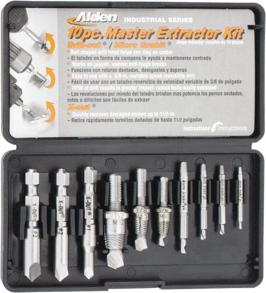 Alden - 10 Piece Screw Extractor/Drill Set - #4 to 1/2 Size Range - Exact Industrial Supply