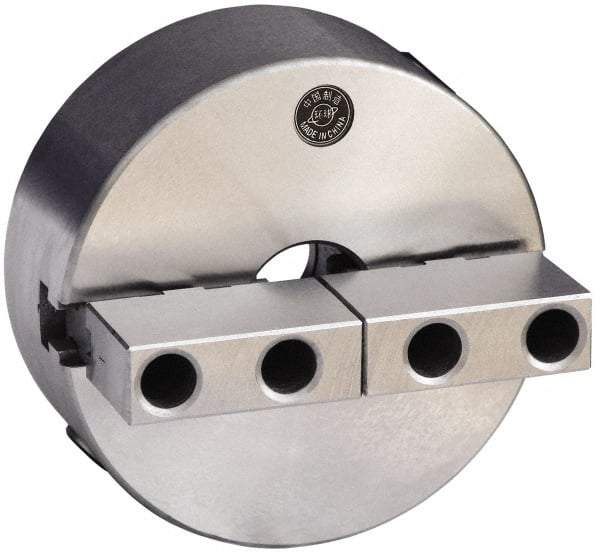 Gibraltar - 2 Jaws, 10" Diam, Self Centering Manual Lathe Chuck - Plain Back Mount Spindle, Reversible, 3.1496" Through Hole Diam, 0.0024" Axial Runout, 0.0022" Radial Runout, Cast Iron - Exact Industrial Supply