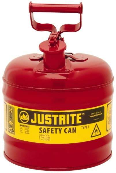 Justrite - 2 Gal Galvanized Steel Type I Safety Can - 13-3/4" High x 9-1/2" Diam, Red with Yellow - Exact Industrial Supply