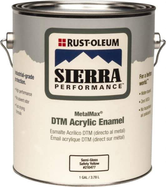 Rust-Oleum - 1 Gal Safety Yellow Semi Gloss Finish Acrylic Enamel Paint - Interior/Exterior, Direct to Metal, <0 gL VOC Compliance - Exact Industrial Supply