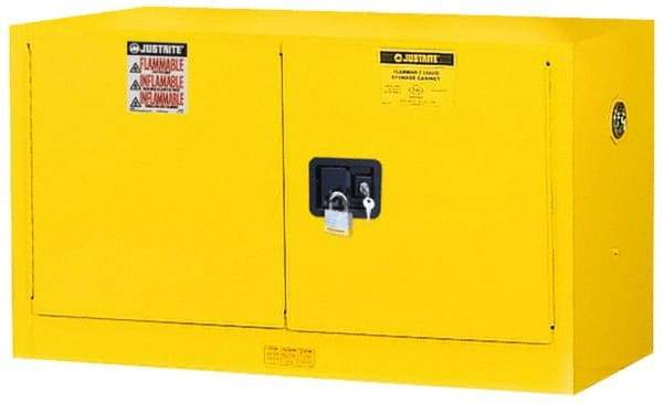 Justrite - 2 Door, 1 Shelf, Yellow Steel Stackable Safety Cabinet for Flammable and Combustible Liquids - 24" High x 43" Wide x 18" Deep, Self Closing Door, 17 Gal Capacity - Exact Industrial Supply