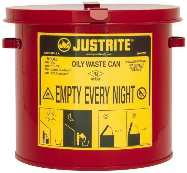Justrite - 2 Gallon Capacity, Galvanized Steel Oily Waste Can - 9-5/8 Inch Wide/Diameter x 9-1/8 Inch High, Red, Hand Operated, Approved FM - Exact Industrial Supply
