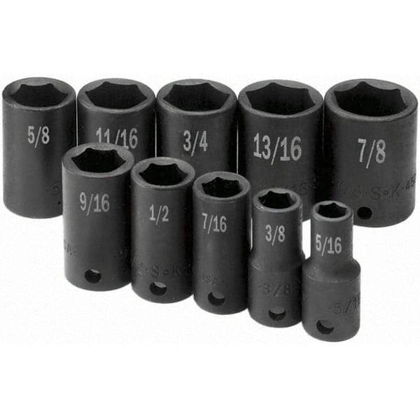 SK - 3/8" Drive Semi-Deep Impact Socket Set - 5/16 to 7/8", Inch Measurement Standard - Exact Industrial Supply