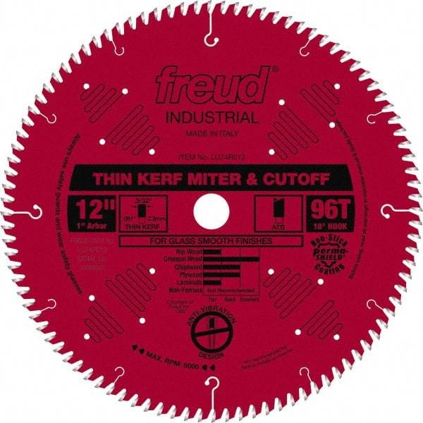 Freud - 12" Diam, 1" Arbor Hole Diam, 96 Tooth Wet & Dry Cut Saw Blade - Carbide-Tipped, Standard Round Arbor - Exact Industrial Supply