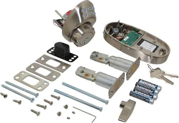 Master Lock - 1-3/8 to 1-3/4" Door Thickness, Satin Nickel Finish, Keyless Deadbolt - Nightwatch Override, Single Cylinder - Exact Industrial Supply